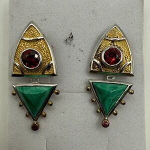 VTG Artisan Sterling Silver Malachite Garnet Topaz Earrings Modernist Geometric